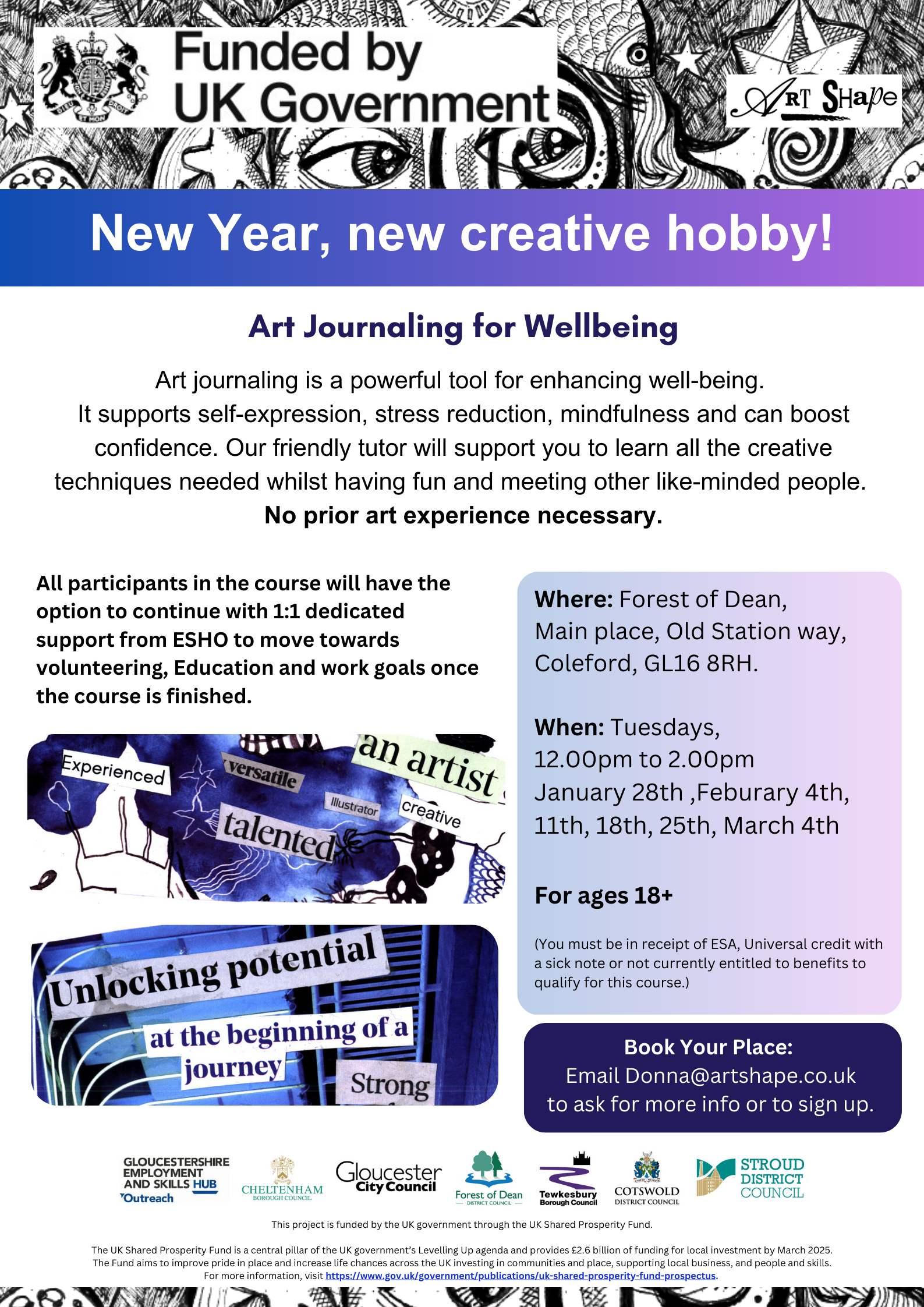 Art Journaling for Wellbeing at The Main Place, Coleford. Week commencing 28/01/25 at 12-2pm. email Donna@artspace.co.uk